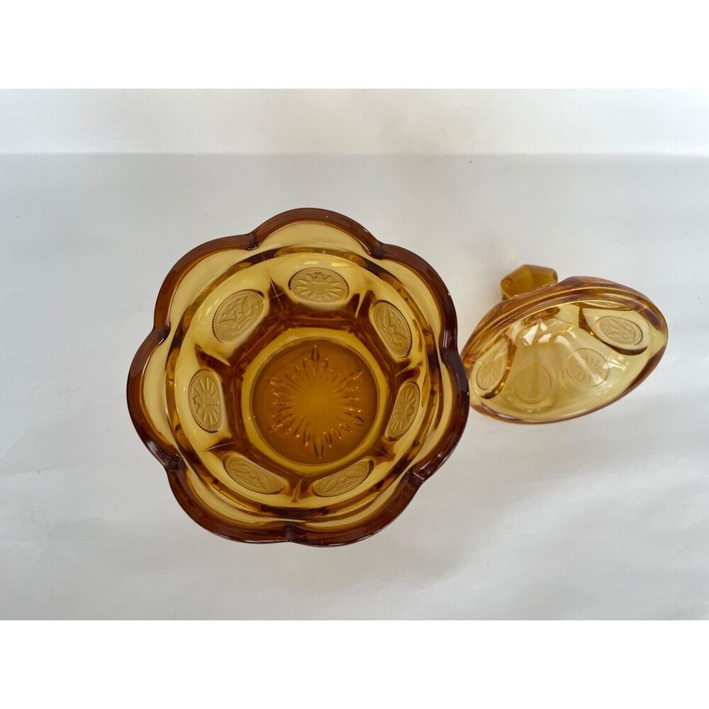 Vintage Fostoria Coin Amber Glass Lidded 1887 Candy Dish Liberty Torch Eagle USA - Picture 6 of 9